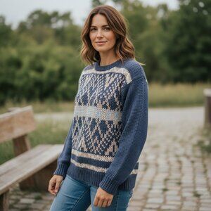 Hand Knit Crew Neck Sweater Multicolor Blues Beige White Sz M #211C